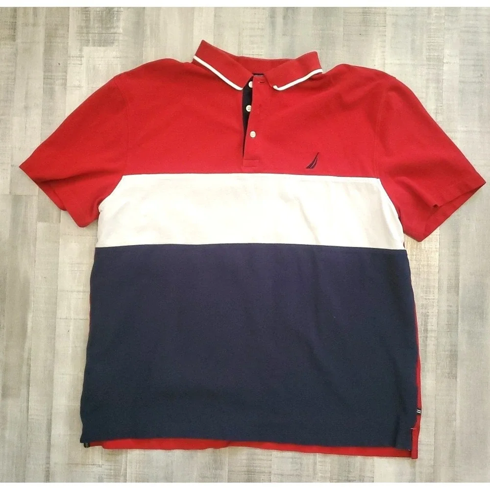 Vintage 90s‎ Nautica Polo Shirt Men XXL Colorblock Striped Sailing Logo Blue Red
